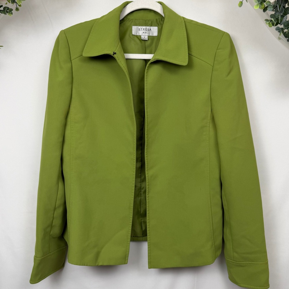 Stresa ASL Lime Green Open Front Blazer Jacket Size 8 Pointed Collar Lined